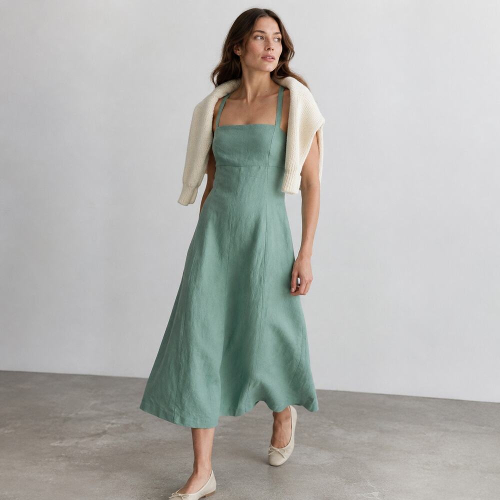 Madewell Tie-Back Cami Midi Dress NK485 Womens 8 Green Sleeveless Linen A-line